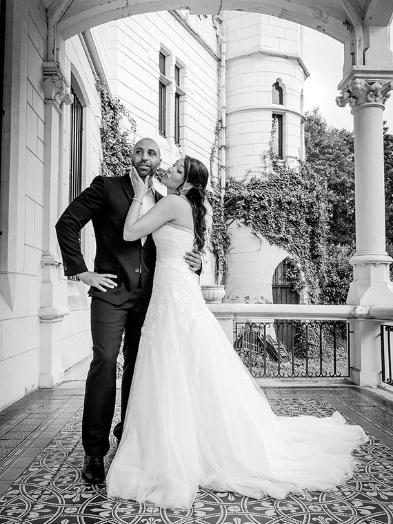 Cool groom, adoring bride